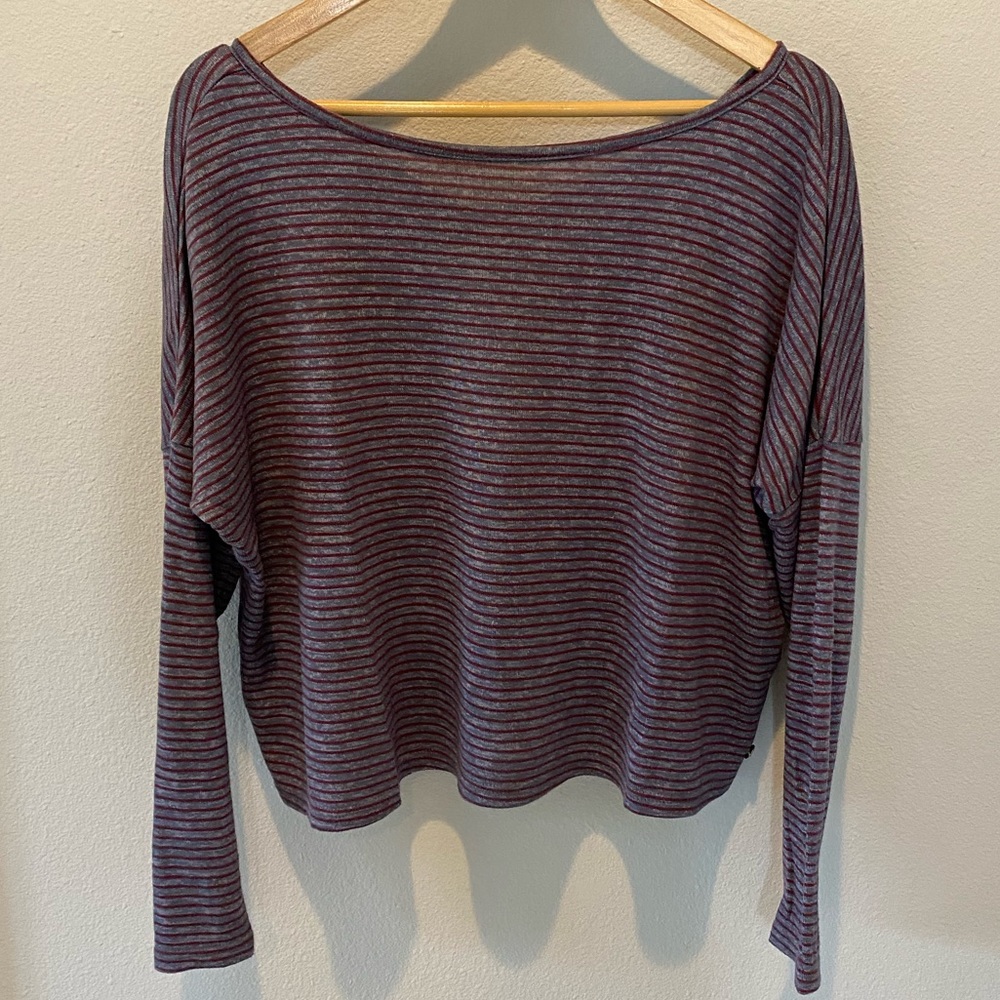 Roxy | long sleeve striped off the shoulder t shirt | grey and red | size small